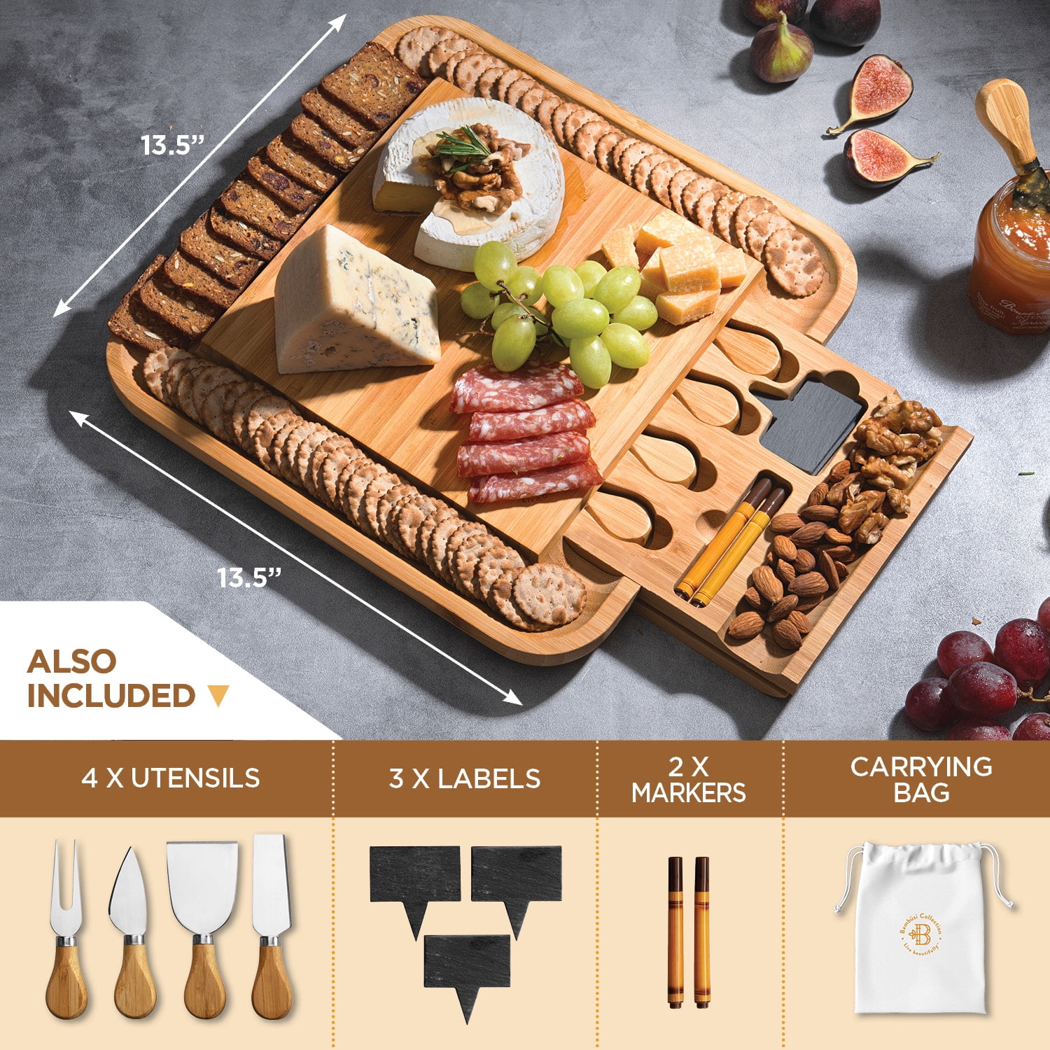 Bambusi Bamboo Cheese Board with Cutlery Set, Includes 4 Stainless Steel Serving Utensils, 3 Labels & 2 Chalk Markers