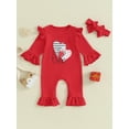 thumbnail image 2 of FEORJGP Infant Baby Valentine's Day Clothes Newborn Girls Rompers Heart Letter Print Crew Neck Jumpsuit Flare Long Sleeve Romper Toddler Bodysuits with Headband, 2 of 9