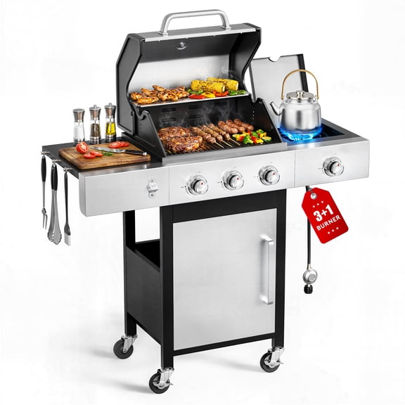 Biotree 3 Burner Gas Grill with Side Burner,40800 BTU Barbecue Grill Propane Stainless Steel BBQ Grill with Porcelain-Enameled Cast Iron Grates for Outdoor Cooking