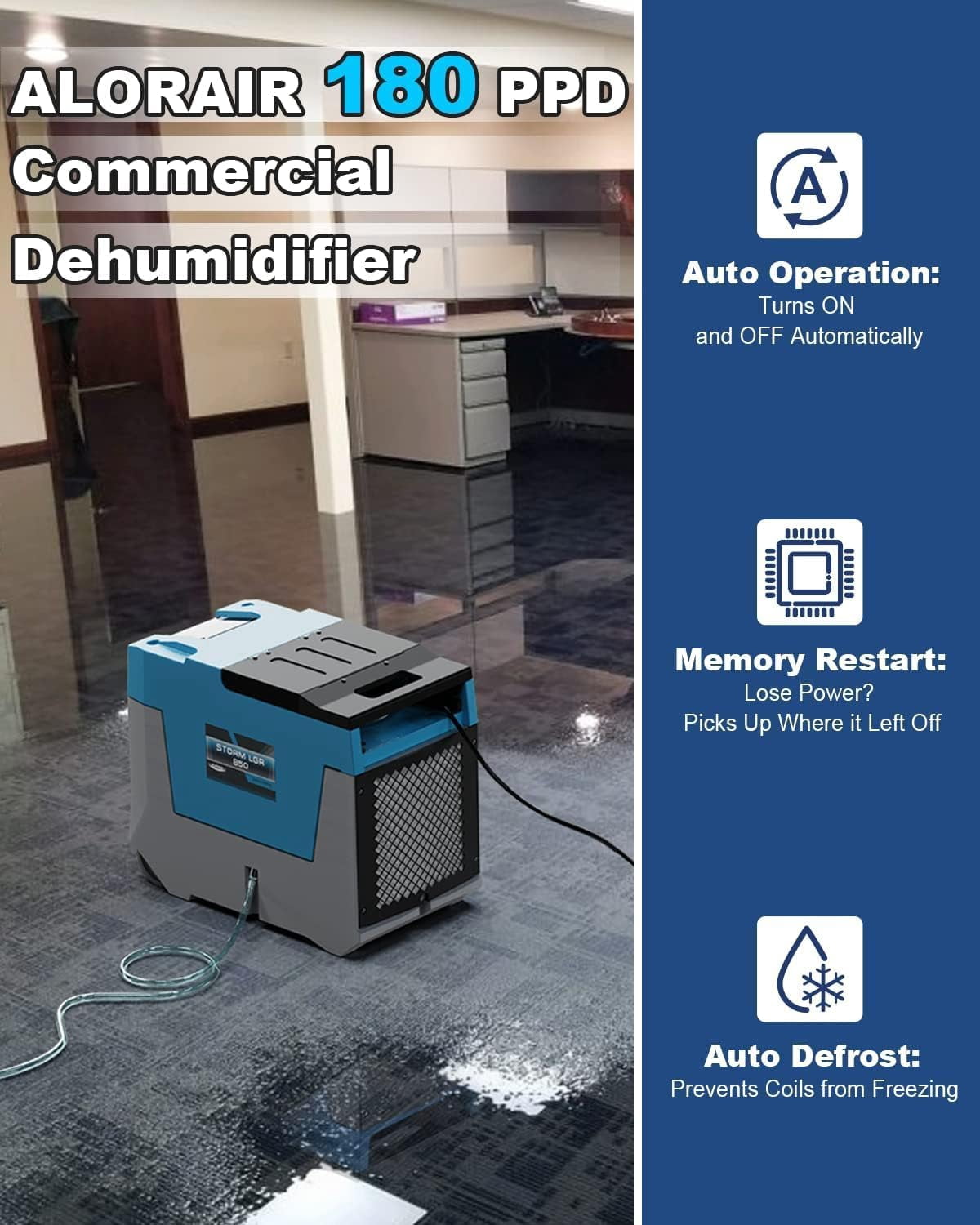 AlorAir 180 PPD LGR Commercial Dehumidifier with Pump, 28 Gallons Heavy Duty Industrial Water Damage Restoration Dehumidifier for Homes Basements, Garages, and Job Sites, Blue
