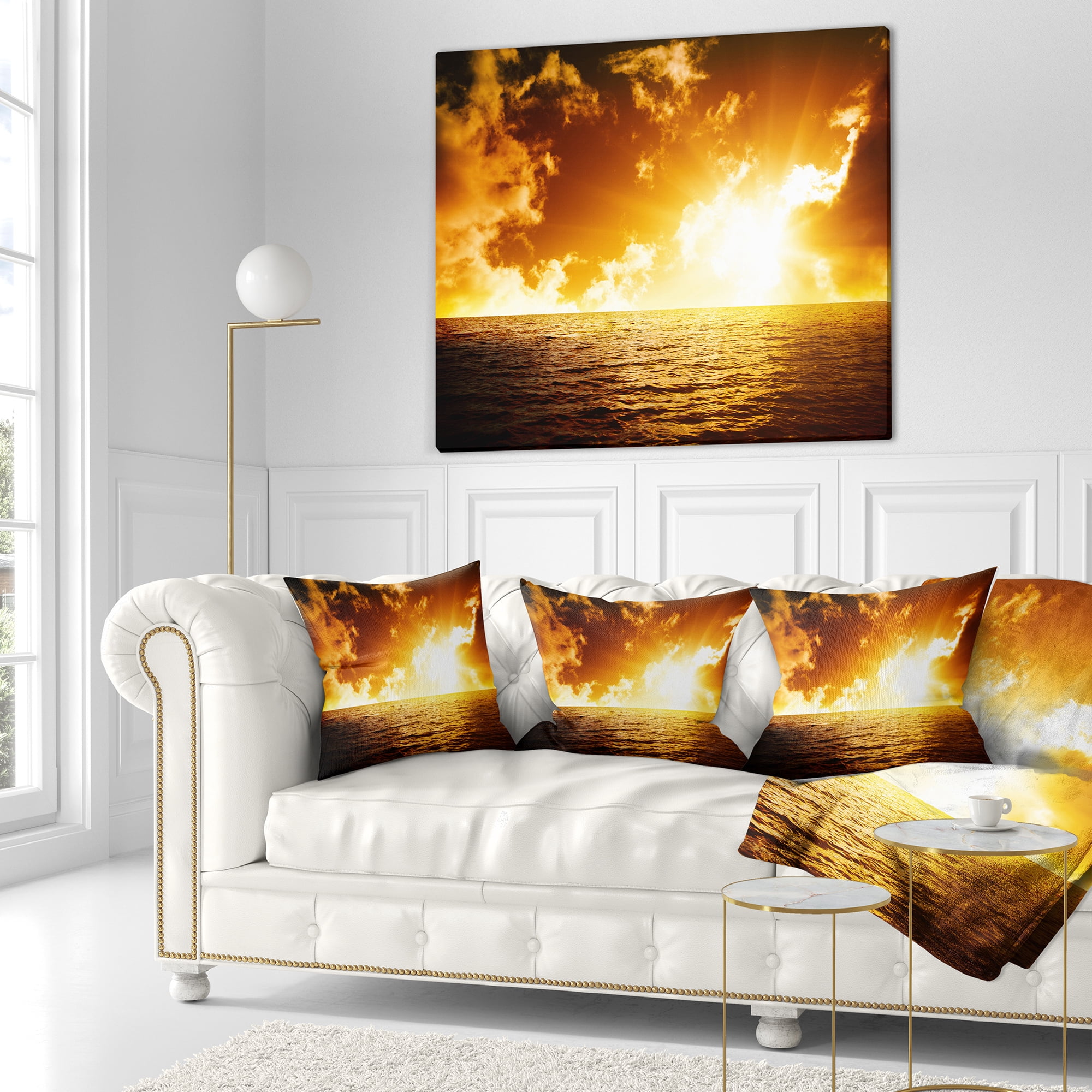 Designart Fiery Sunlight in Beach during Sunset - Seascape Throw Pillow - 16x16