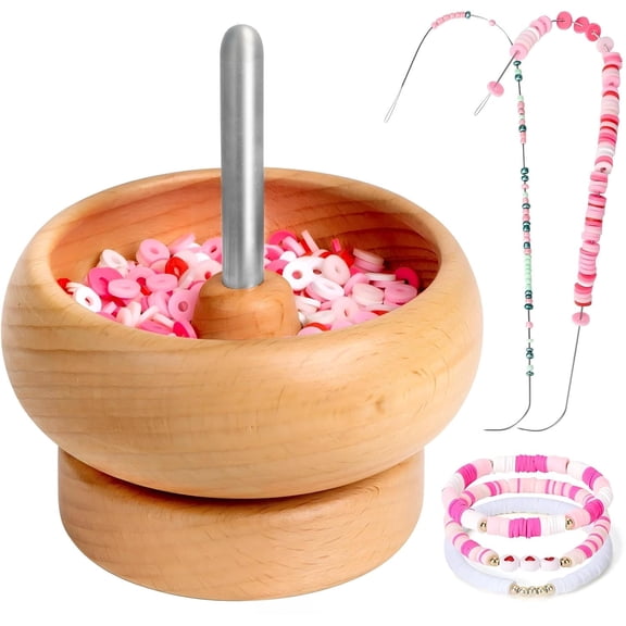 Bead Spinner for Jewelry Making, Effortless Rotating Wooden Clay Bead Spinner with 2 Big Eye Beading Needles, Beading Supplies for Making Waist Beads, Bracelets, Necklaces