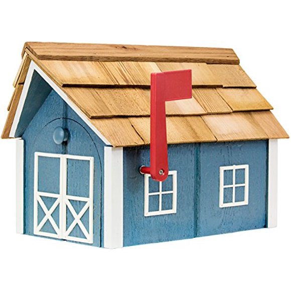 Amish-Made Deluxe Post Mount Wooden Mailbox with Cedar Shingles (Wedgewood Blue with White Trim)