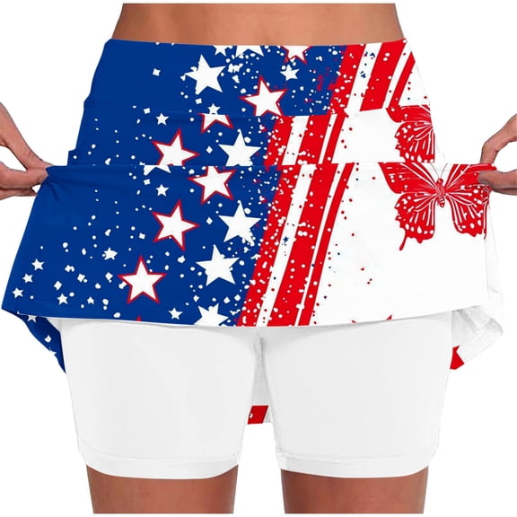 Ruimatai Women's High Waisted 2 in 1 Flowy Skort Star Print Athletic Tennis Skirt with Built in Shorts for Gym Daily Wear