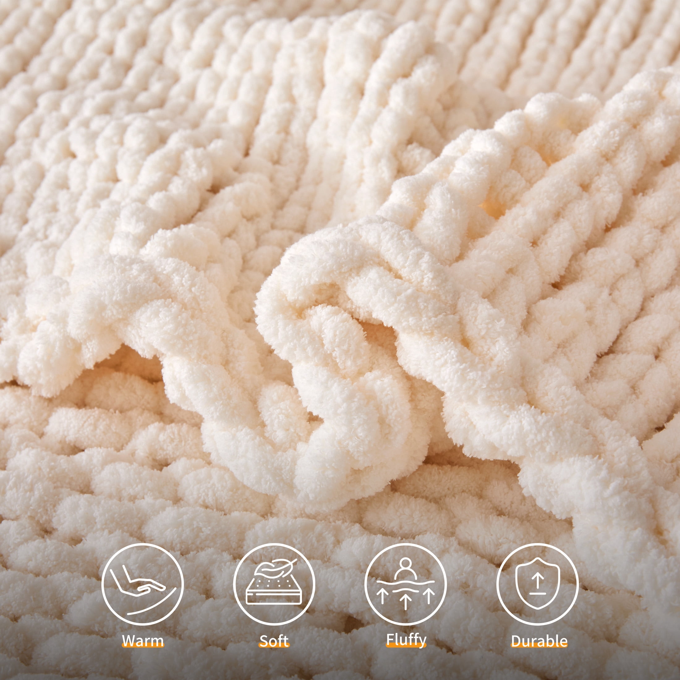 Sonive Ivory Throw Blanket, Chunky Velvet Knit Warm Soft Handmade Circular Throw Blankets for Couch Bed Sofa, 80" × 90"