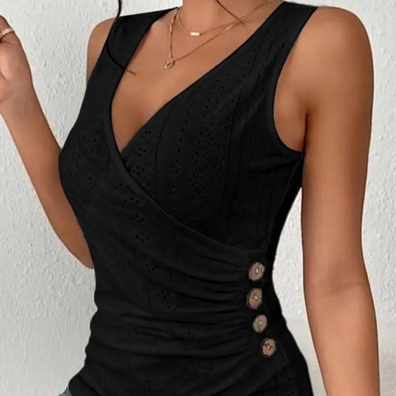 MORTTIC Women's V-Neck Sleeveless Ruched Tank Top Slim Fit Button Detail Summer Casual Tee, S