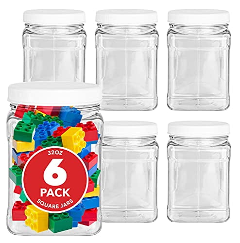 Plastic Storage Jars (6 Pack) - 32 Oz Square Plastic Canisters with Lids - Shatterproof Plastic Storage Jars with Lids - Reusable Wide Mouth Clear Plastic Containers with Lids - Stock Your Home