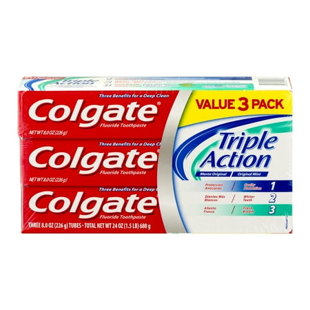 Colgate Triple Action Original Mint Fluoride Toothpaste Value Pack, 8.0 oz, 3 count