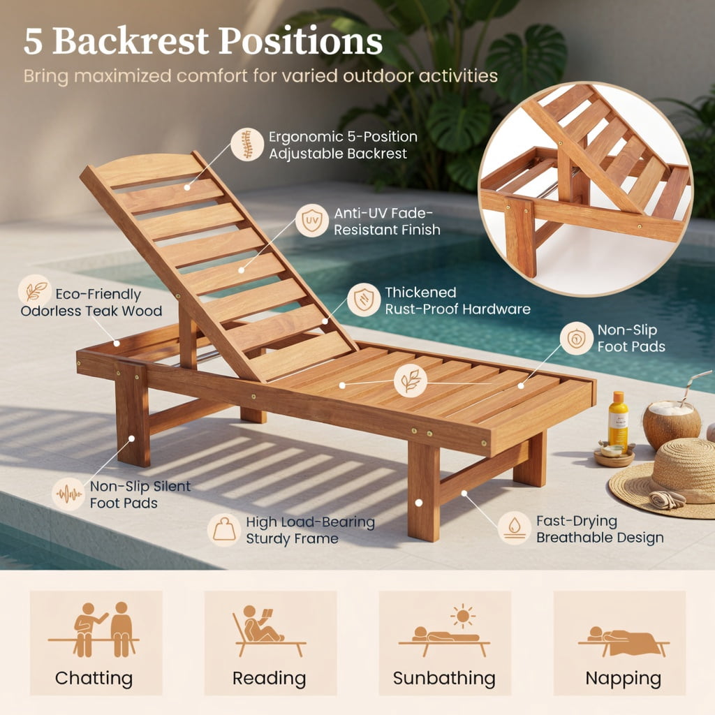 Hommoo Solid Wood Outdoor Chaise Lounge Chair with 5-Position Adjustable Backrest, Heavy-Duty Patio Recliner for Backyard, Garden & Poolside, Natural