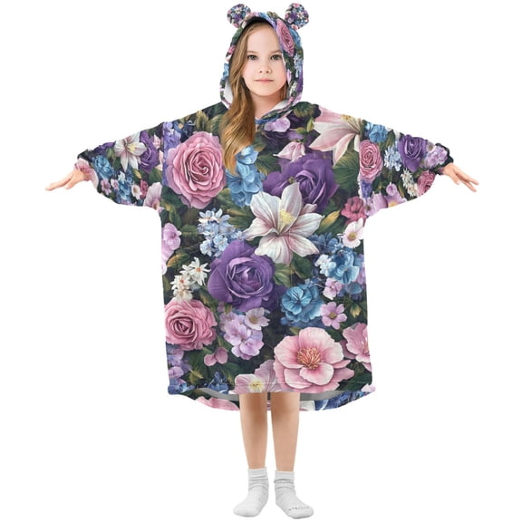 FORMRS Wearable Blanket Hoodie with Sleeves for Kids Cozy Flannel Sweatshirt, Pink and Purple Flowers