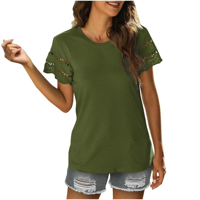 Bigersell T-Shirts à Manches Courtes pour Femmes Mode Décontractée Dentelle Unie Manches Courtes Col Rond Hauts Pull Régulier Col Rond T-Shirts Décontractés Style B9770, Vert TTG