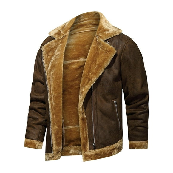 EGNMCR Men's Leather Jackets Winter Fleece Warm Solid Color Puffer Cardigan Outwear Jackets with Side Seam Pockets Casual Fuzzy Lapel Zipper Outdoor Hiking Mountain Windproof Coats Jacket