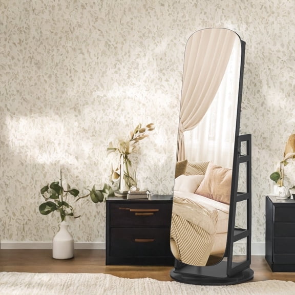 LEDREM 360°Swivel LED Jewelry Cabinet - Full-Length Mirror with 200 Storage Slots, Lockable Drawers & Makeup Vanity, Ebony Black