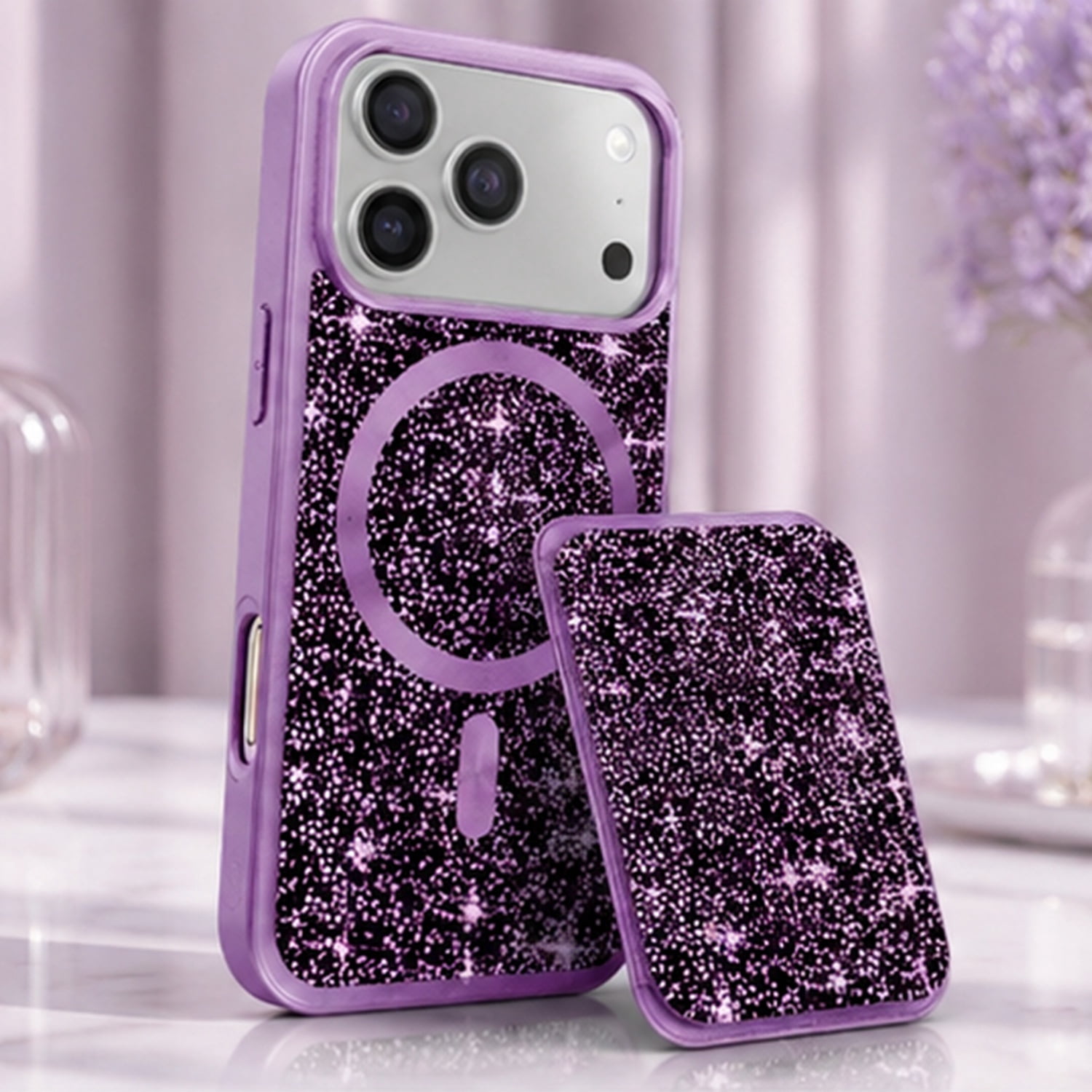 Heavy-Duty Magnetic Diamond Wallet Case for iPhone 17 Pro Max - Purple