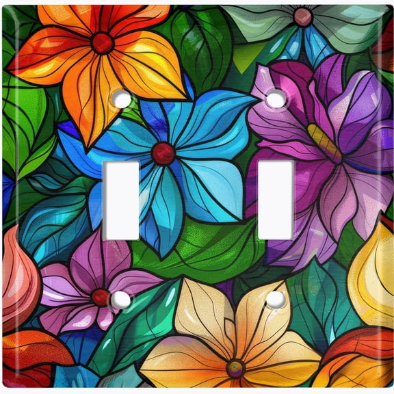 Metal Light Switch Wall Plate Outlet Cover (Printed Image of Colorful Stained Glass Flowers - Double Toggle)