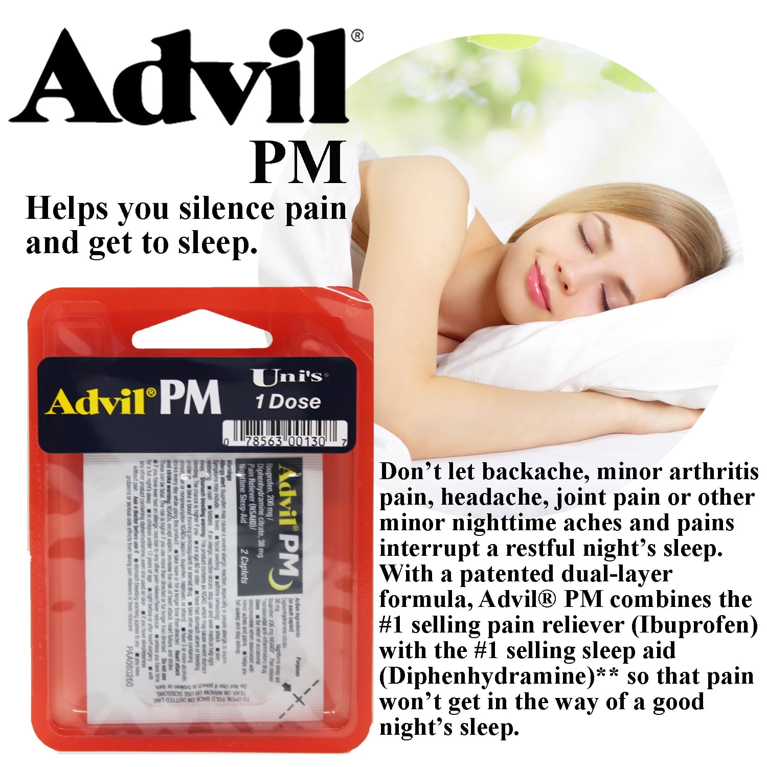 Uni's Advil PM Single Dose 6 Count (2 Caplets Each) Helps you fall Asleep and Stay Asleep While Relieving Some Minor Aches and Pains During Sleep