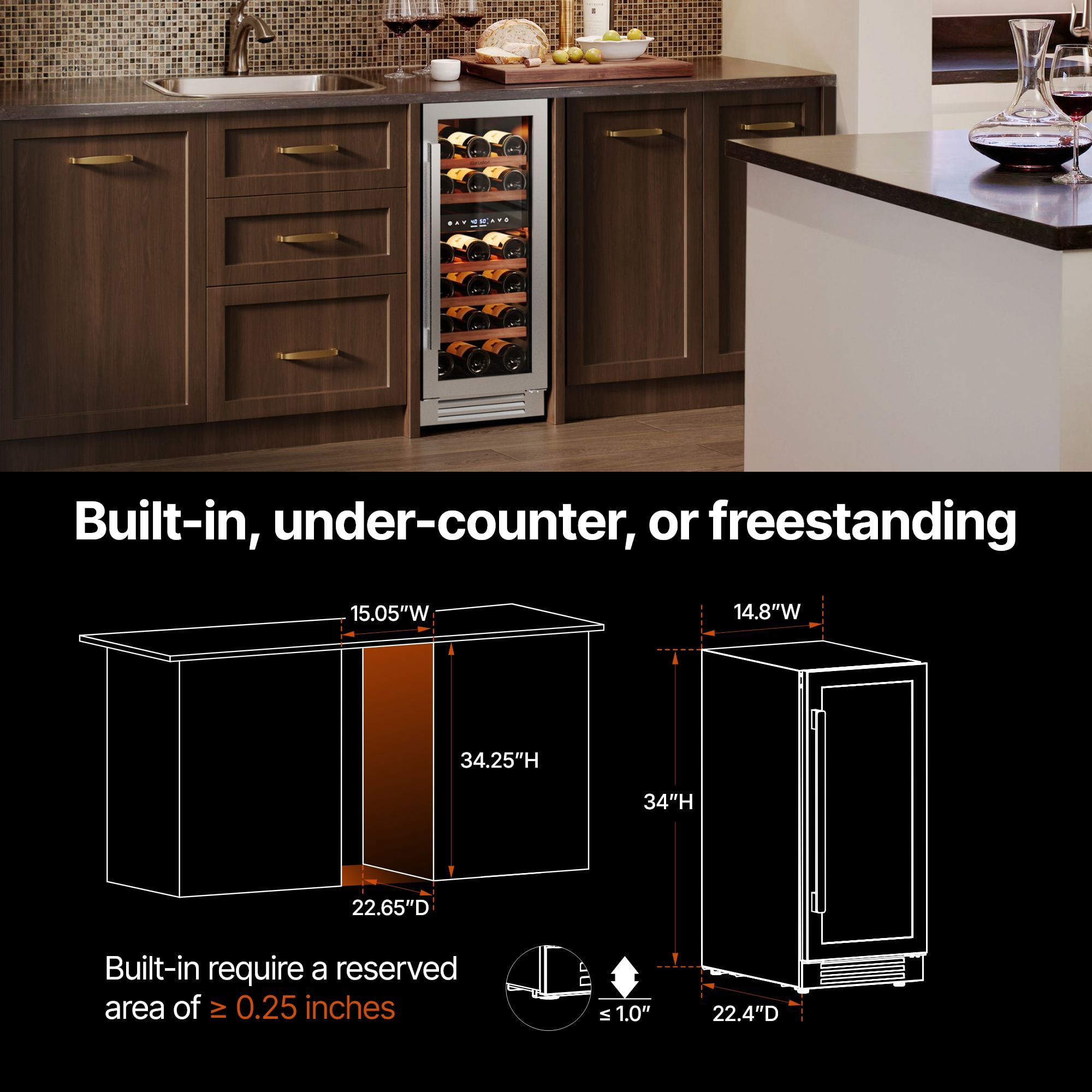 Ca'Lefort 15 inch Wine Fridge, 28 Bottle Dual Zone Wine Cooler Refrigerator with Glass Door for Home/Office,  Built-in & Freestanding