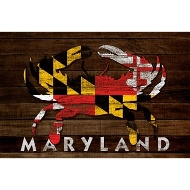 Maryland, Dark Rustic State Flag, Crab (9x12 Wall Art Print, Home Decor)