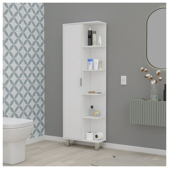 FM FURNITURE Randall Linen Cabinet, with 1 door and 9 shelves, White   White   1   5    18 to 23 in   60 in & above   Bathroom   Modern   5 - 10 inches   Melamine   Particle Board