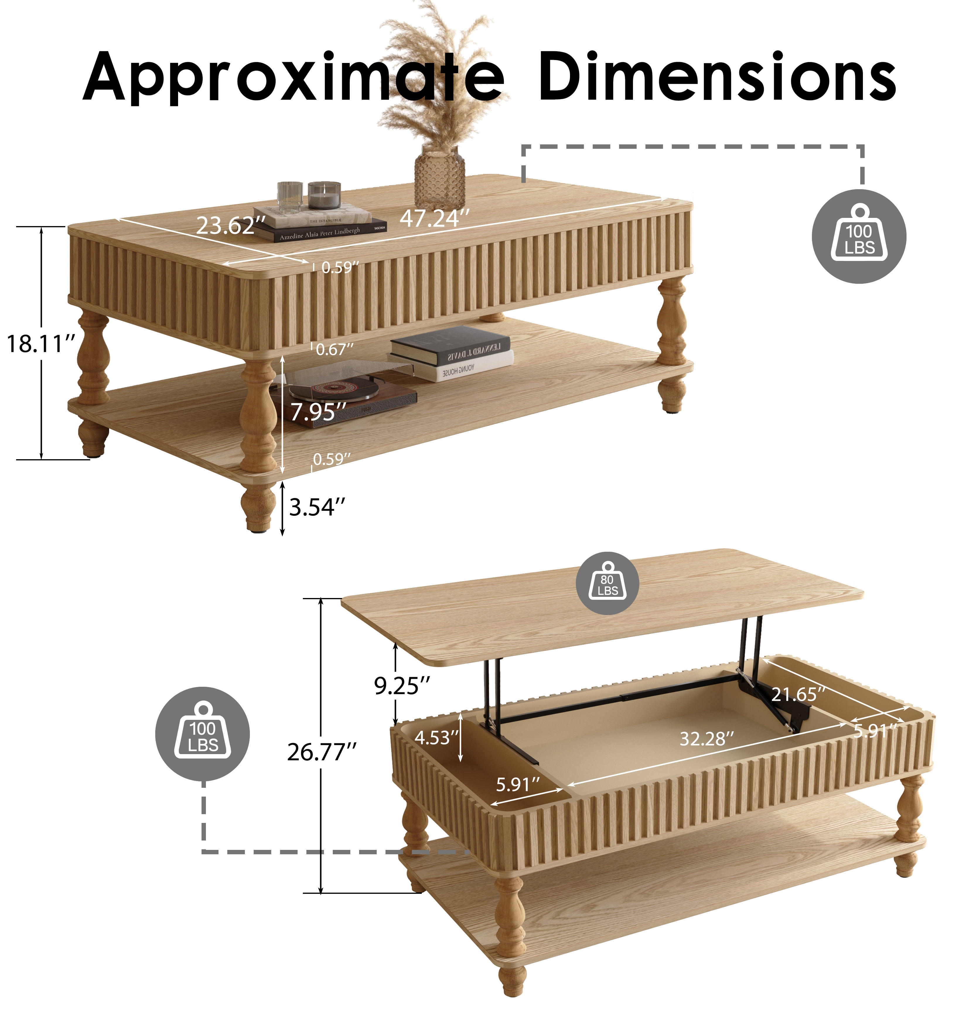 47.24" Lift Top Coffee Table with Hidden Storage and Open Shelf, Solid Wood Center Table with Fluted Design & Roman Column Legs, Tool-Free Assembly for Living Room, Vintage NaturalWood