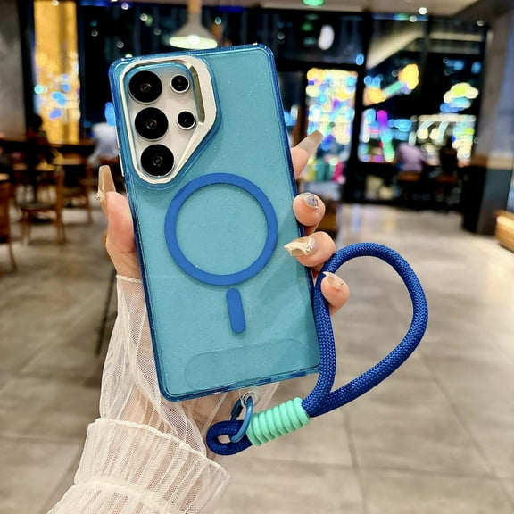 For Samsung Galaxy S23 FE Phone Case,With Contractile Lens Ring Kickstand,Compatible with Mag-Safe,Bling Glitter Transparent Back Design,With Wrist Strap,Ultra Slim Shockproof Phone Case,Blue