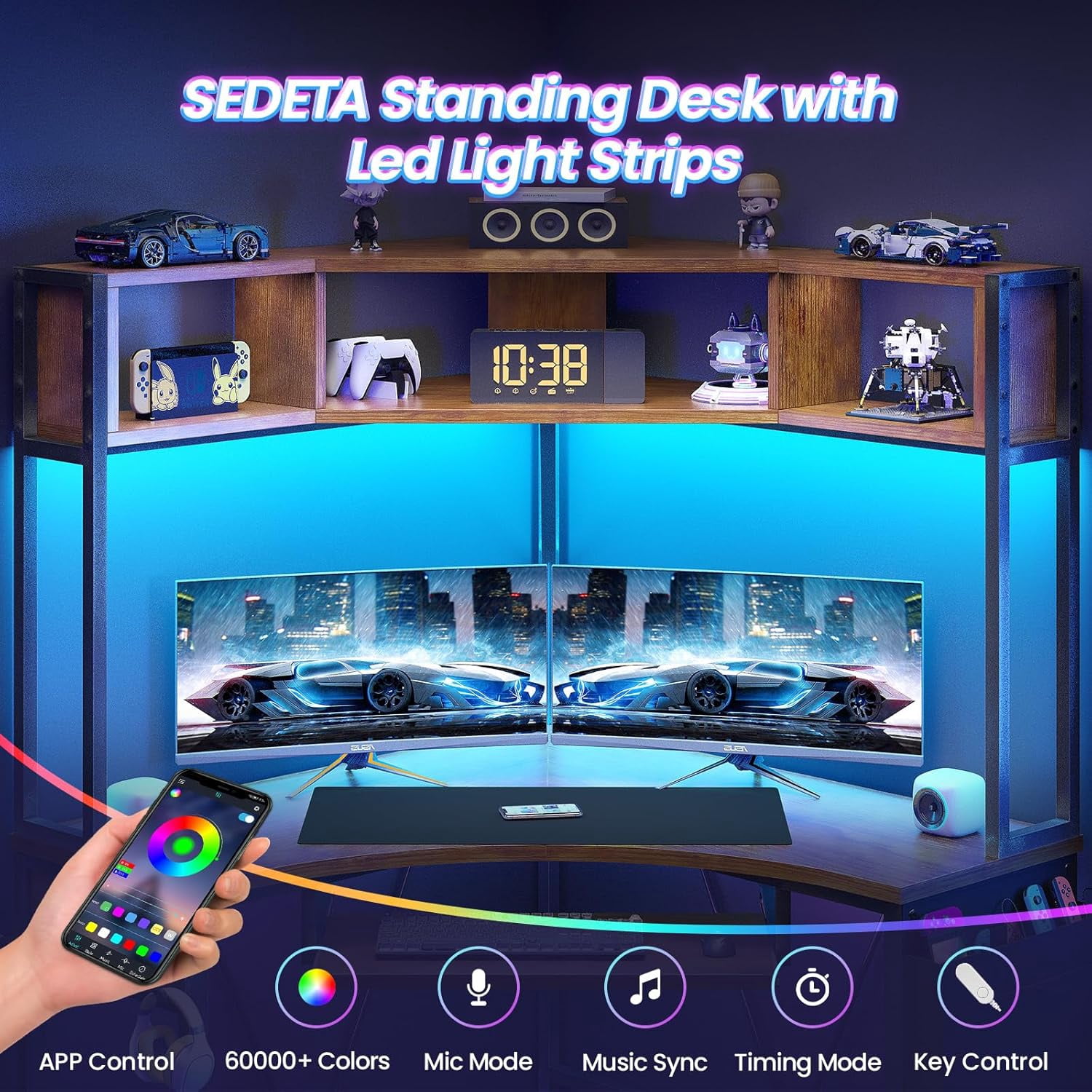 SEDETA Corner Gaming Desk with LED Lights&Hutch Computer Desk with Headphone Hook&Keyboard Tray for Bedroom, Rustic Brown