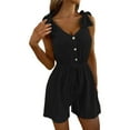 thumbnail image 1 of HBFAGFB Women Jumpsuits V Neck Button Drawstring Shorts Summer Casual Versatile Rompers Black Size M, 1 of 8