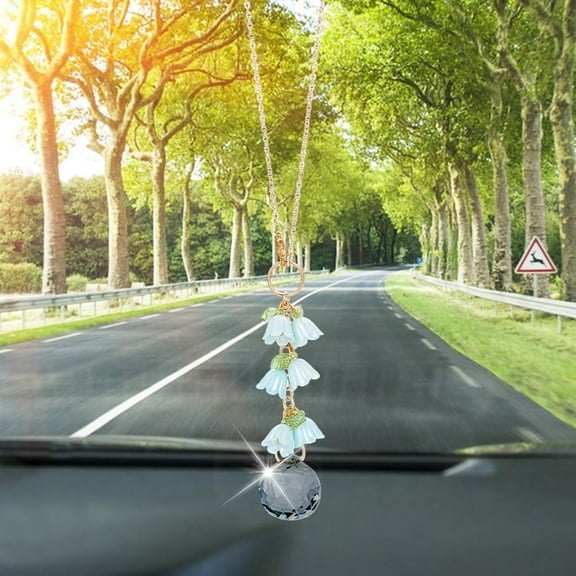 Sun Catcher Car Accessories Crystals Blue Lily of The Valley Car Hanging Ornament Flower View Mirror Car Charm Lanyards Beaded Decor Pendent for Window Car Home Door Frame Balcony