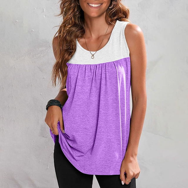 SMihono Womens Tops Womens Tank Top Womens Rund Neck Blouses Summer Causal Color Matching Print Sleeveless Tops Shirts Tank Tops for Women Womens Summer Tops