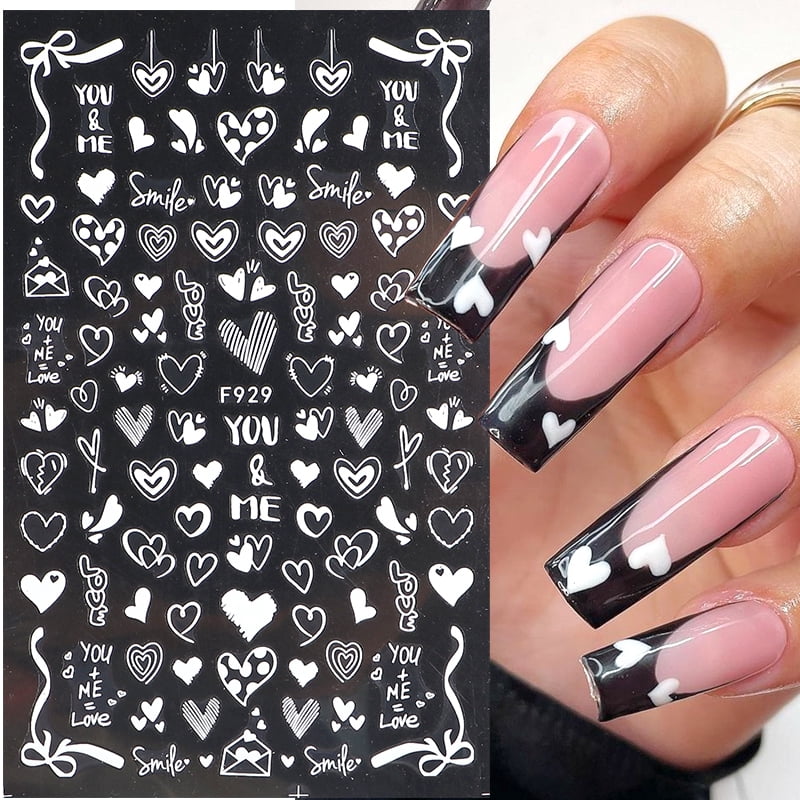3pcs 3D Elegant White Heart Nail Stickers Valentine Love Designs Nail Art Decals Self Adhesive Decoration DIY Manicure Supplies