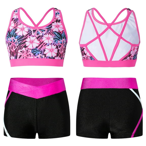 YONGHS Kids Girls 2 Piece Tankini Swimsuit Sport Crop Top Crisscross Tank with Swimming Shorts Set Gardenia Rose 6