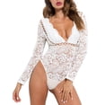 thumbnail image 1 of Body de mujer de manga larga ajustado con cuello en V profundo de encaje de moda hueco para mujer para citas blanco M, 1 of 6