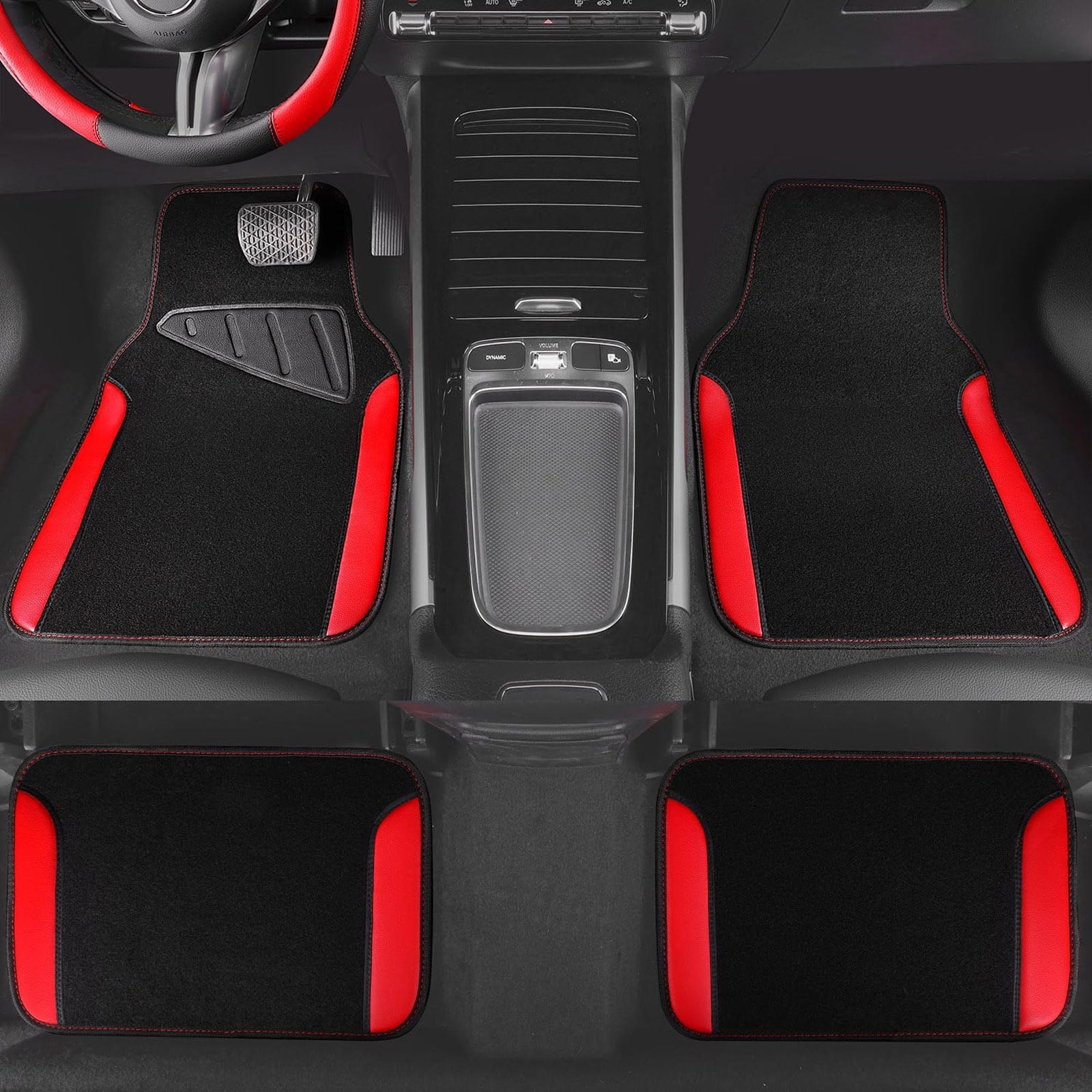 CAR GRAND Faux Leathercar Steering Wheel Cover Combo Pack Car Floor Mats, Universal Fit Waterproof Anti-slip Carpet 14.5-15 Inches Red & Black