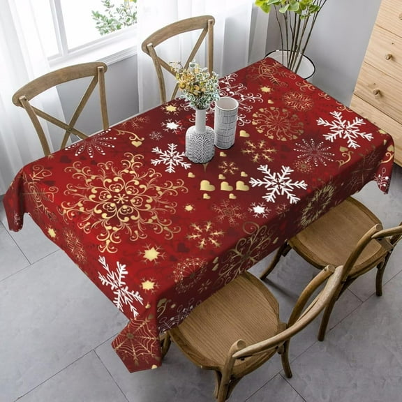Christmas Red Tablecloth Rectangle 60 x 104 Inch Winter Snowflake Table Cloth Polyester Fabric Xmas White Gold Snowflake Table Cover for Kitchen Party Picnic Outdoor Decor
