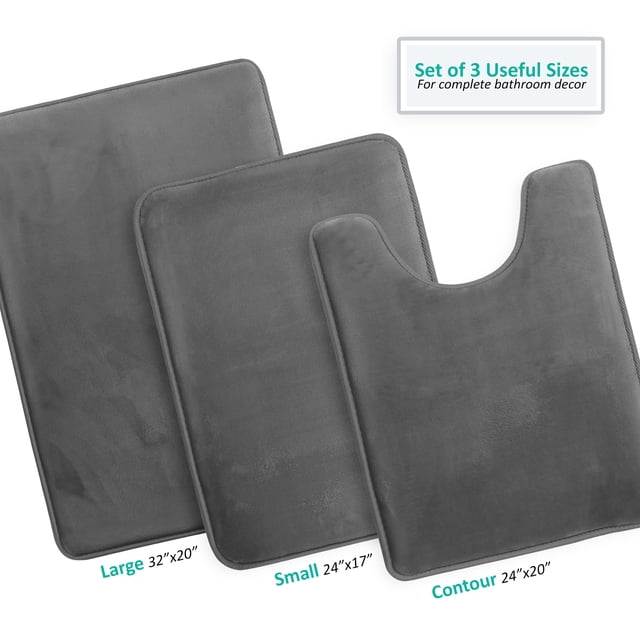 Set of 3 Clara Clark Bath Mat Bathroom Rug - Absorbent Memory Foam Bath Rugs - Non-Slip, Thick, Cozy Velvet Feel Microfiber Bathrug - Gray - Large 20"x32" - Small 17"x24" - Contour 24"x20"