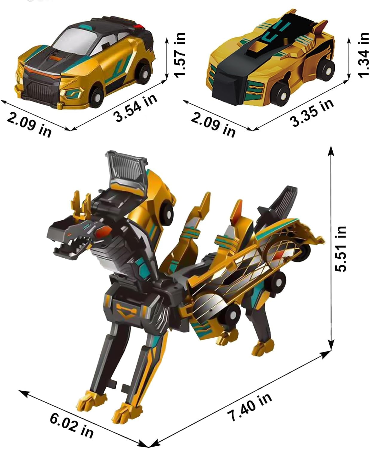2in1 Transforming Dinosaur Toys，Transformation 4 Pack Car Toy with Collision Transforming Car for Girls Age 4-6 |Party Gift for Birthday, Christmas (Blue & Gold Dragon)