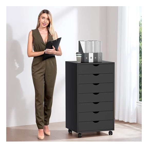 7-Drawer Chest, Office File Cabinet with Wheels, Black
