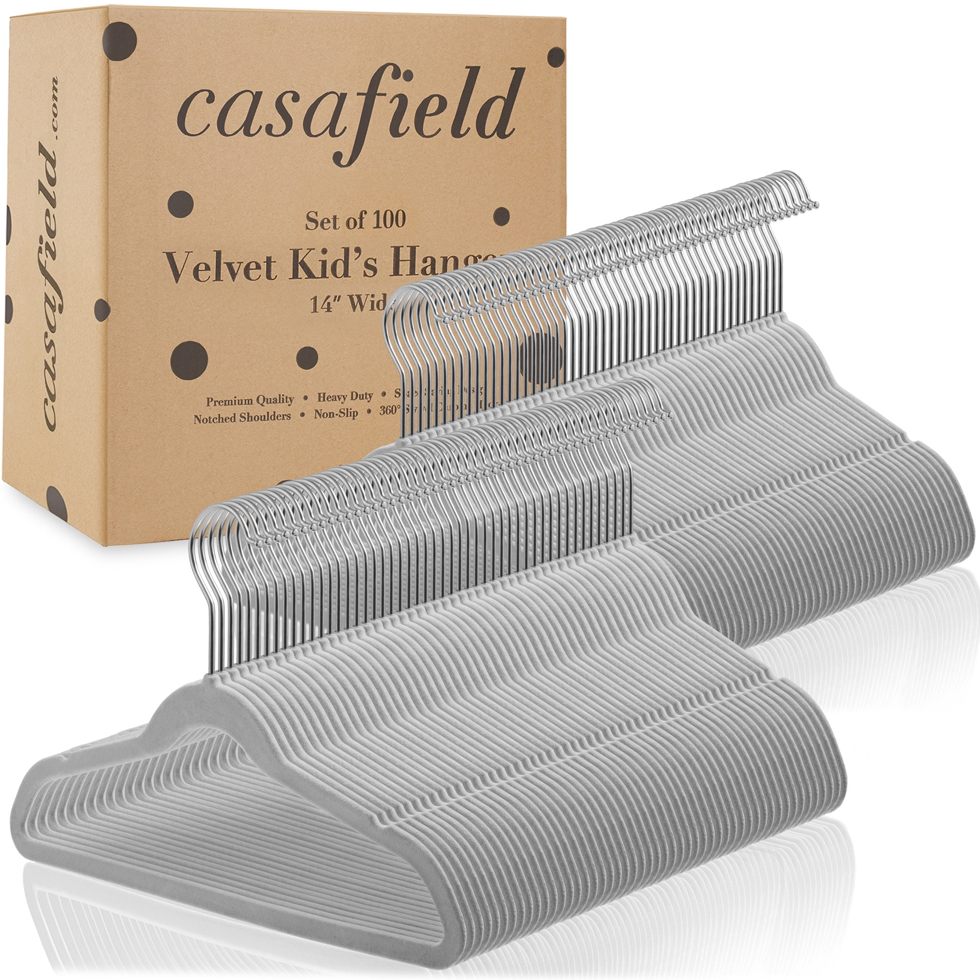 Casafield 100 Velvet Kid's Hangers for Children's Clothes, 14" - Gray