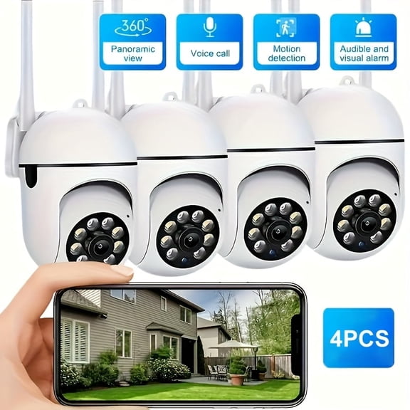 4pcs Wireless Smart Security Camera System 1080P HD - Indoor/Outdoor PTZ (Pan/Tilt/Zoom), 2-Way Talk, Motion Tracking, Night Vision, 24/7 Recording - Elderly/Pet/Home Monitoring