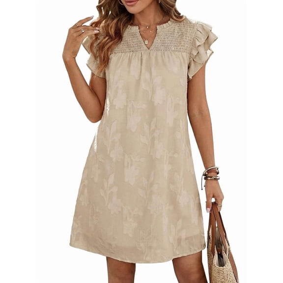 Women's Short Sleeve Floral Ruffle Smocked Mini Dresses Neck Burnout Sundress Dress for Casual Summer Color S