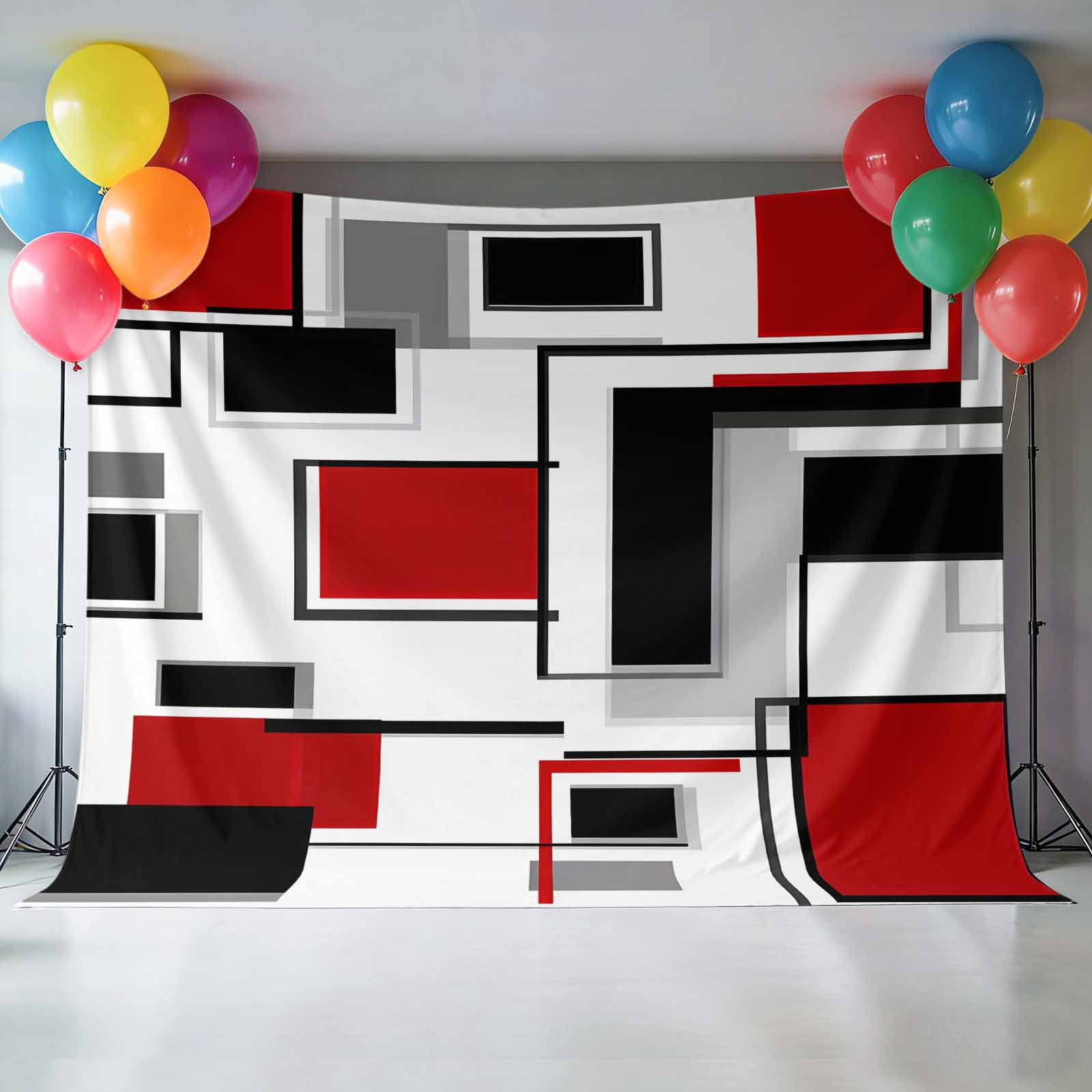 Abstract Space Design Sense Backdrop for Photography, Red Black Stitching Suqare Photo Backdrop Portrait Background Party Banner Photo Backgrounds for Studio Booth Props, 7x5ft