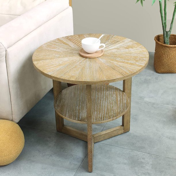 MYAY Round End Tables for Living Room, Solid Wood Side Table with