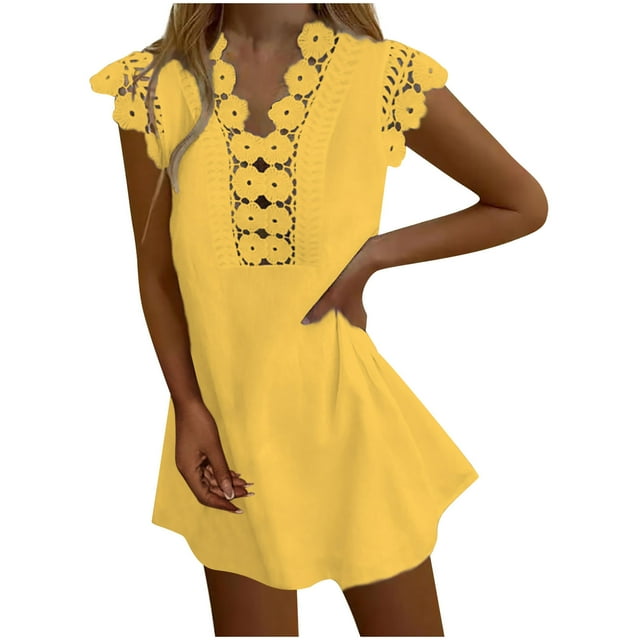 Robes d'Été pour Femmes Plage Robes d'Été pour Femmes Plage Couleur Unie Sans Manches Décontractée Robe Débardeur en Dentelle