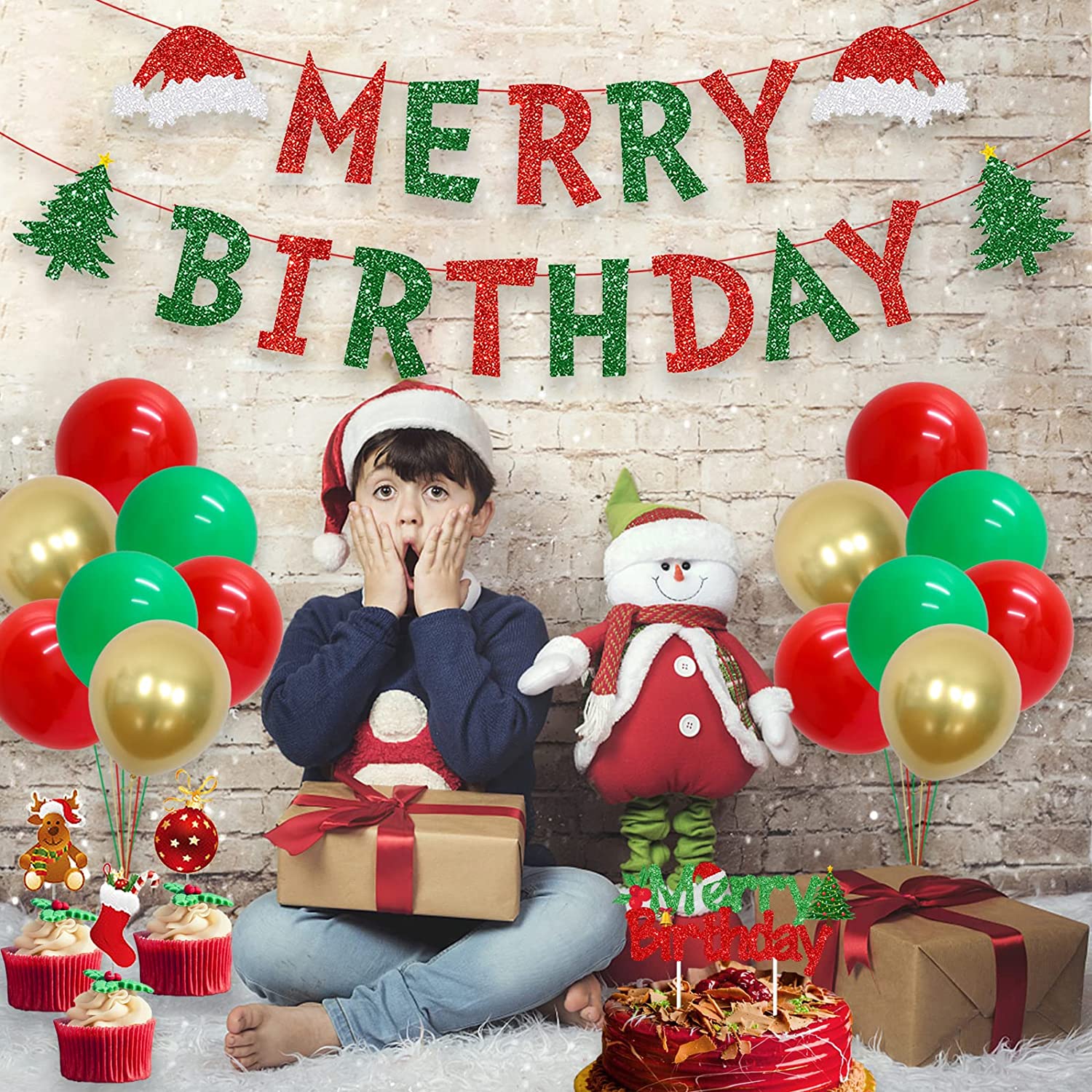 Christmas Birthday Party Supplies Christmas Balloons Red Green Merry Birthday Banner Christmas Theme Garland Cake Toppers for Xmas Eve Decor Winter Party Merry Birthday Decorations