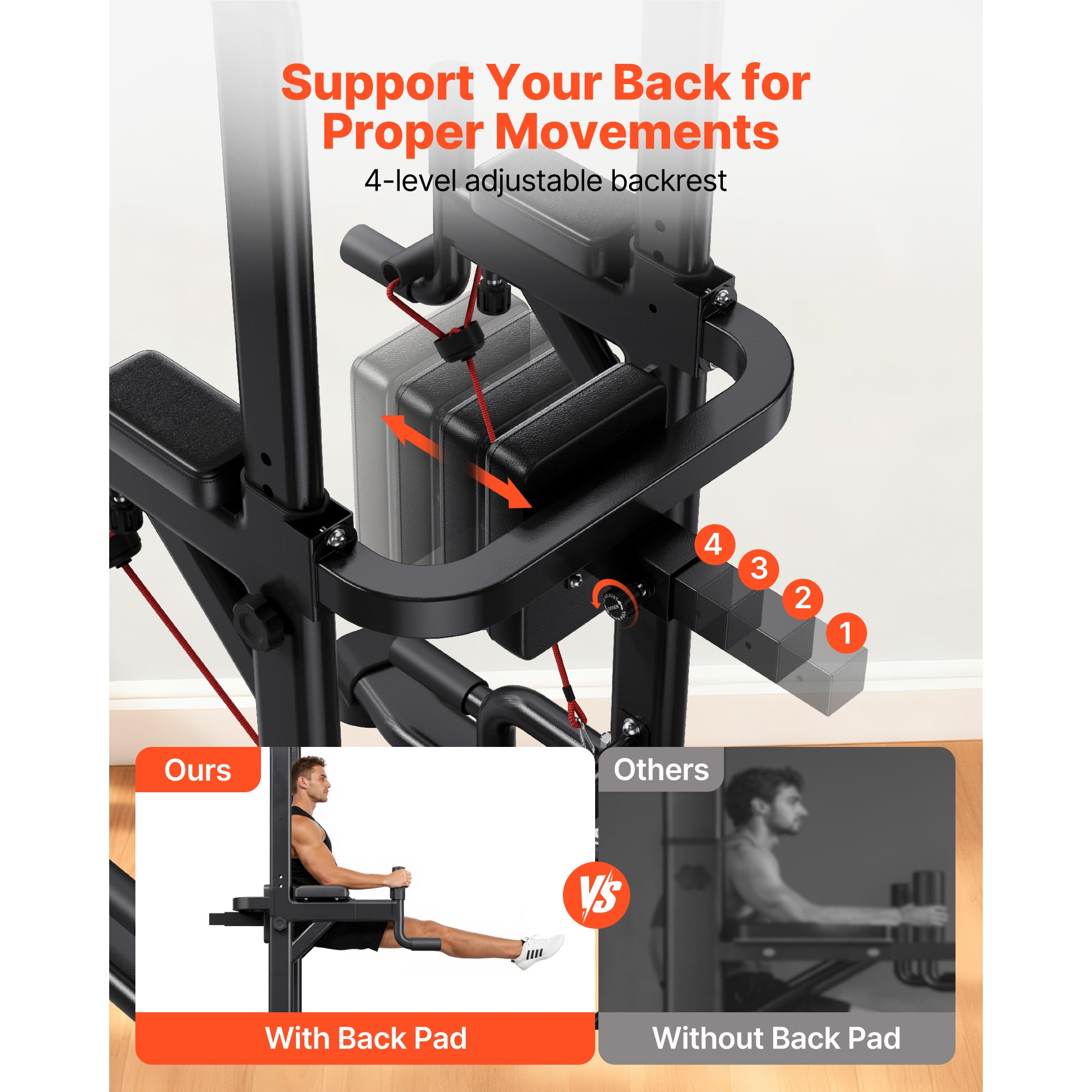 KFFKFF Pull Up Bar with 330 LBS Capacity, Power Tower Dip Station for Workouts, Free-Standing Chin-Up Bar with Stable H-Shaped Base, Adjustable 12-Level Height and 4-Level Back Pad