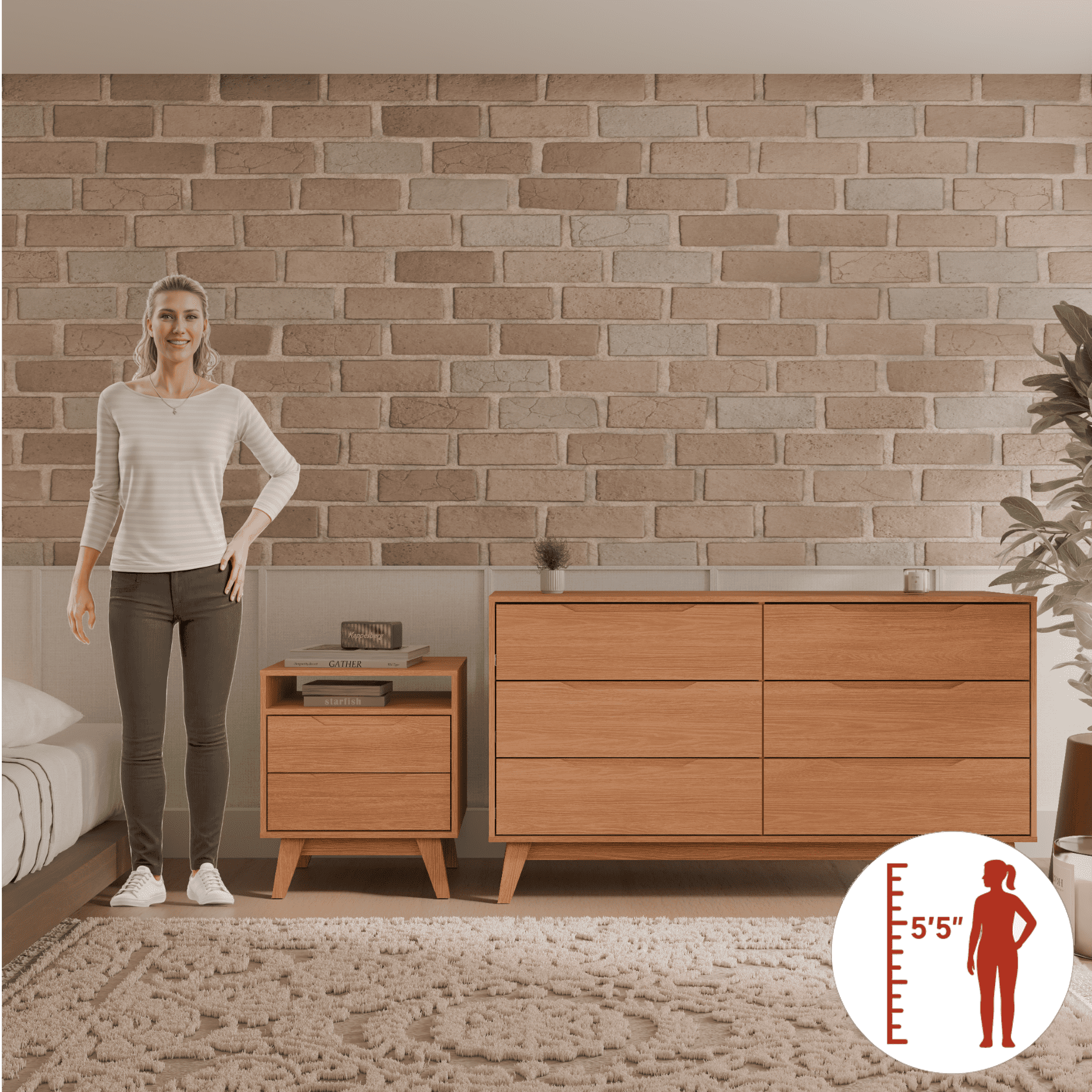 Kappesberg Bedroom Furniture Set with 6-Drawer Dresser and 2-Drawer Nightstand Golden Oak – Modern Storage Combo