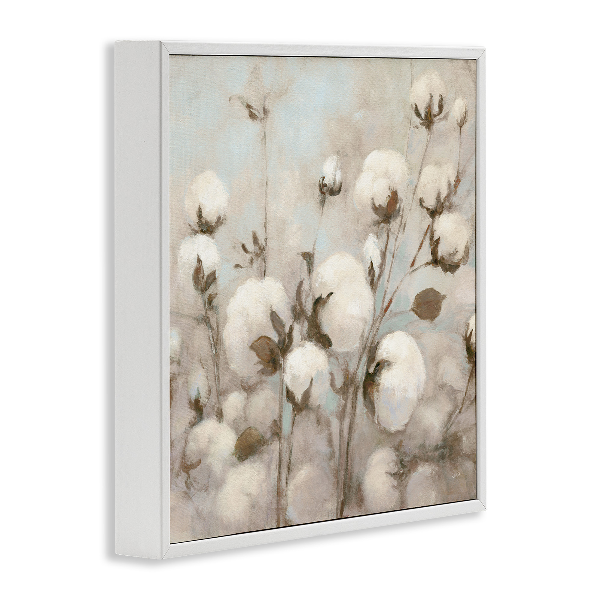 Stupell Industries Neutral Cotton Flower Painting Botanical & Floral Painting White Framed Art Print Wall Art, 12 x 12