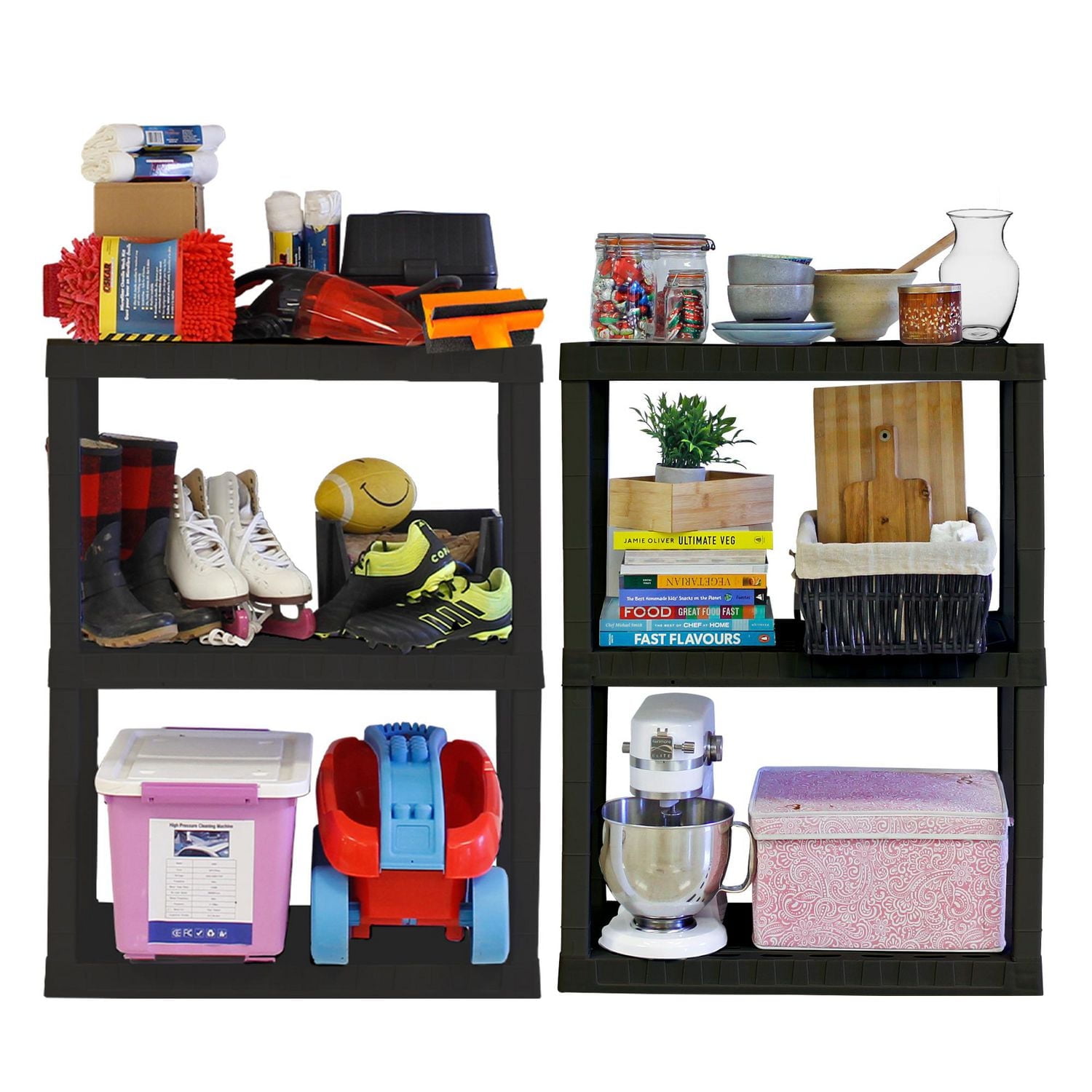 Hyper Tough Plastic Shelves Garage Storage Shelf 3-Tier 39"H x 14"D x 30"W 2-Pack Black-300 LBS Total Capacity