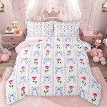Homewish Kawaii Bowtie Ribbon Full Size Comforter Sets,Cute Cartoon Rose Bedding Comforter Set,Pink White Blue Bedding Sets For Girl Kids,Luxury Bedroom Decor Reversible,3-Piece