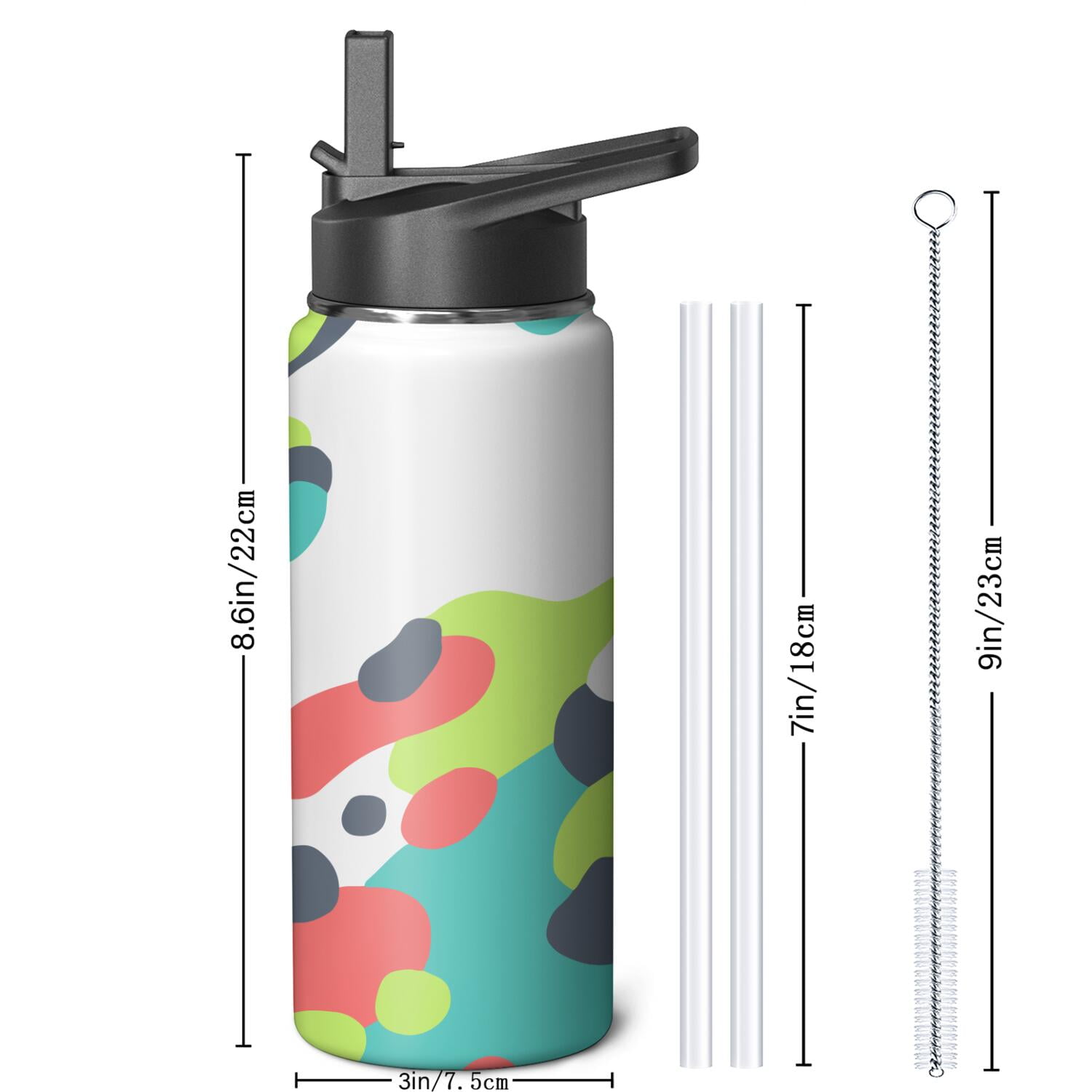 18oz Insulated Water Bottle with Straw & Cleaning Brush, Wide Mouth Stainless Steel Flask, Watercolor Splatter Painting Print